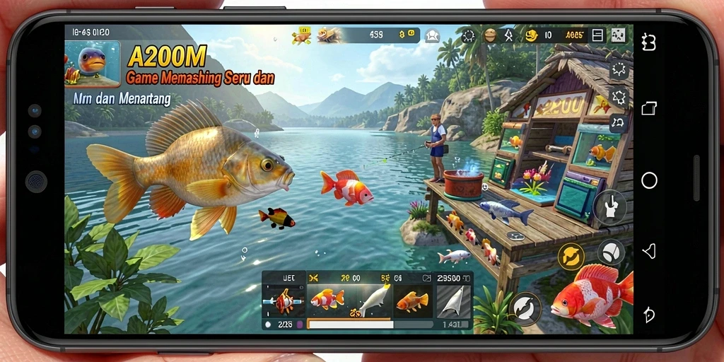 Screenshot A200M menampilkan gameplay memancing yang seru dan realistis.