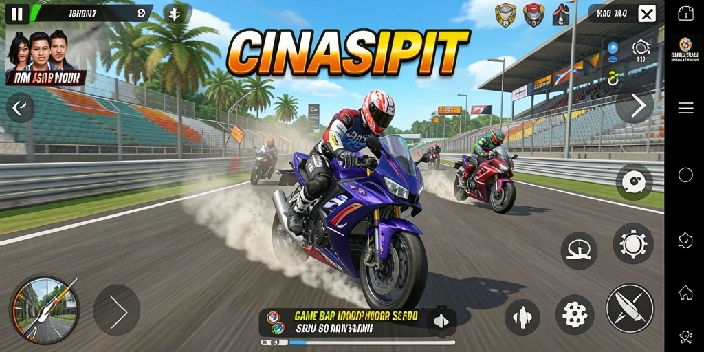 Screenshot gameplay CINASIPIT dengan aksi balap motor yang seru.