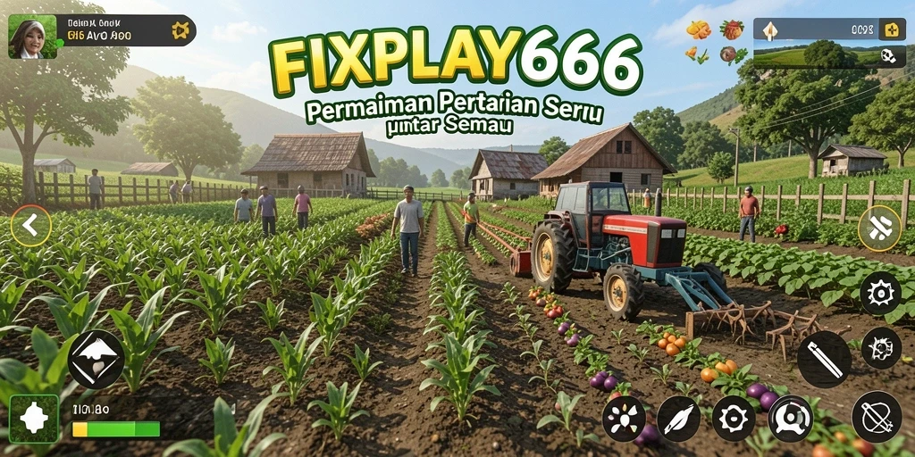 Screenshot gameplay FIXPLAY666 menampilkan suasana ladang yang subur dan aktivitas bercocok tanam.