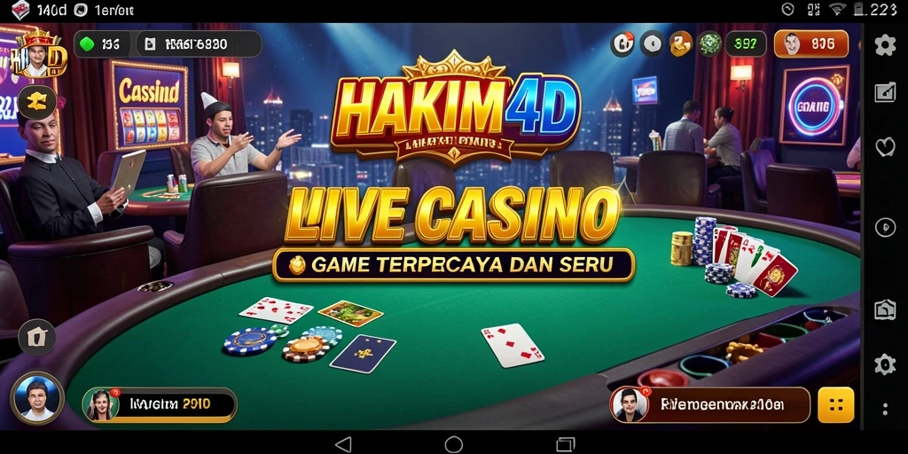 Tampilan gameplay HAKIM4D dengan dealer langsung dan suasana kasino yang nyata.