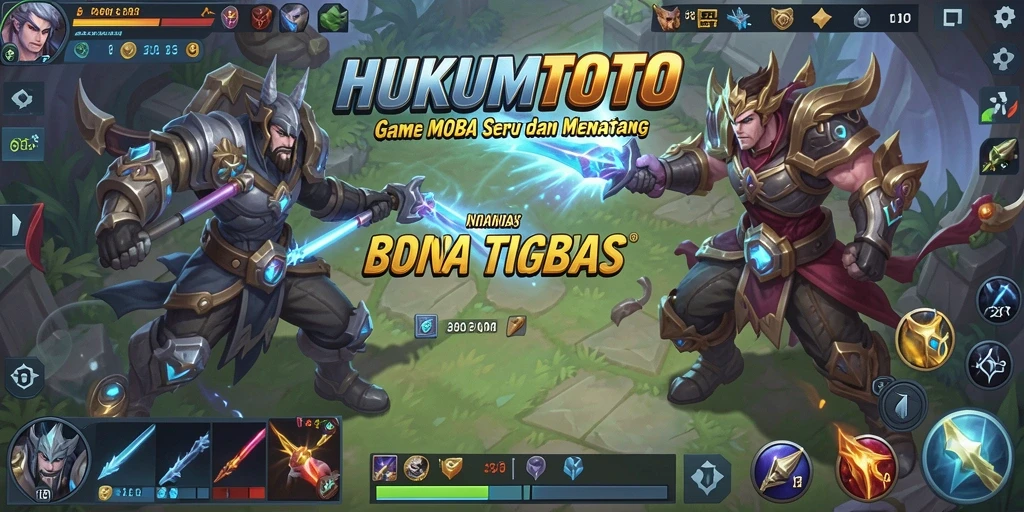 Tangkapan layar utama HUKUMTOTO menampilkan aksi seru di arena MOBA.