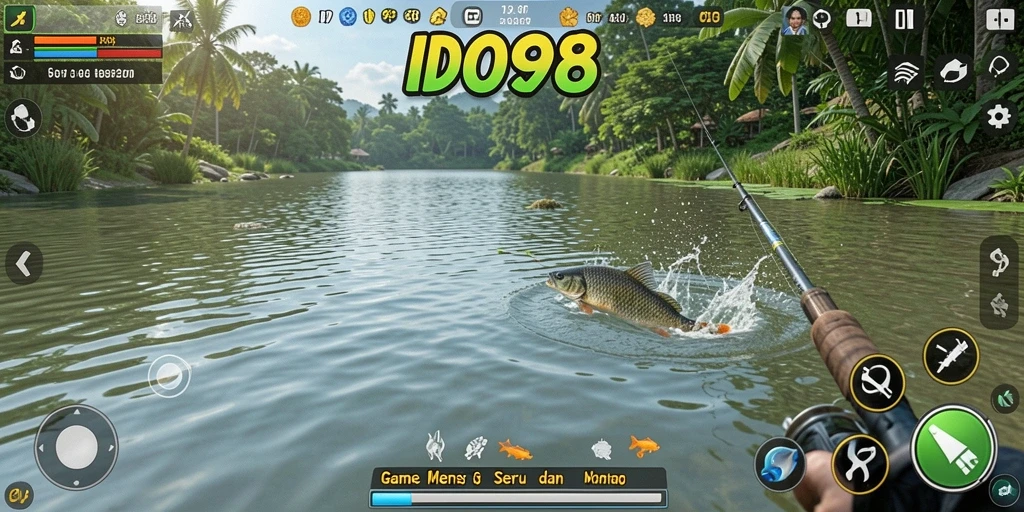 Screenshot utama dari gameplay ID098 menampilkan adegan memancing yang dinamis dan menarik.