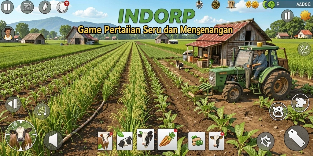 Tangkapan layar gameplay INDORP yang menunjukkan lahan pertanian yang subur.