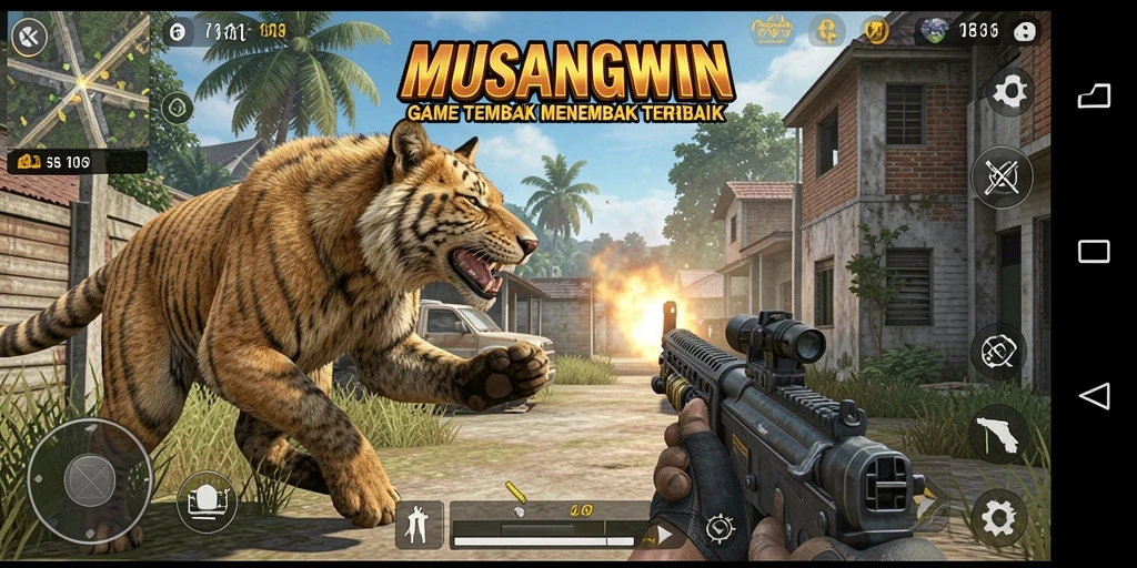 Screenshot gameplay MUSANGWIN yang menunjukkan aksi tembak menembak yang intens.