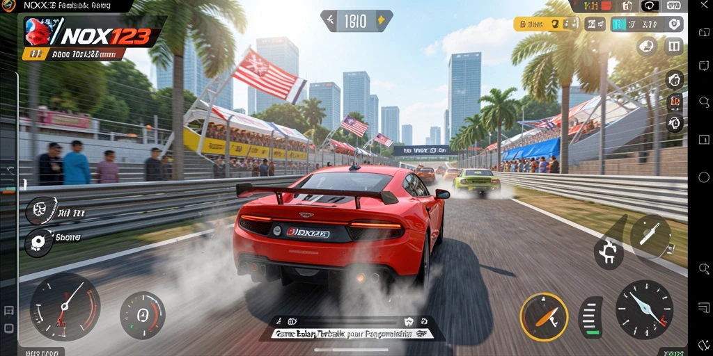 Screenshot gameplay balap seru NOX123 dengan mobil cepat dan lintasan penuh tantangan.