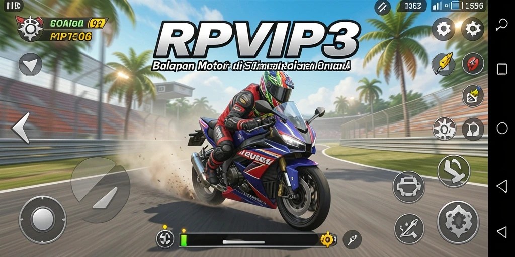 Screenshot gameplay RPVIP3 dengan aksi balap motor yang mendebarkan.