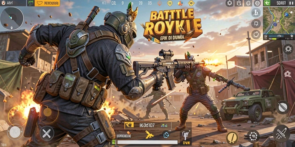 Screenshot gameplay SD107 menunjukkan aksi Battle Royale yang mendebarkan.