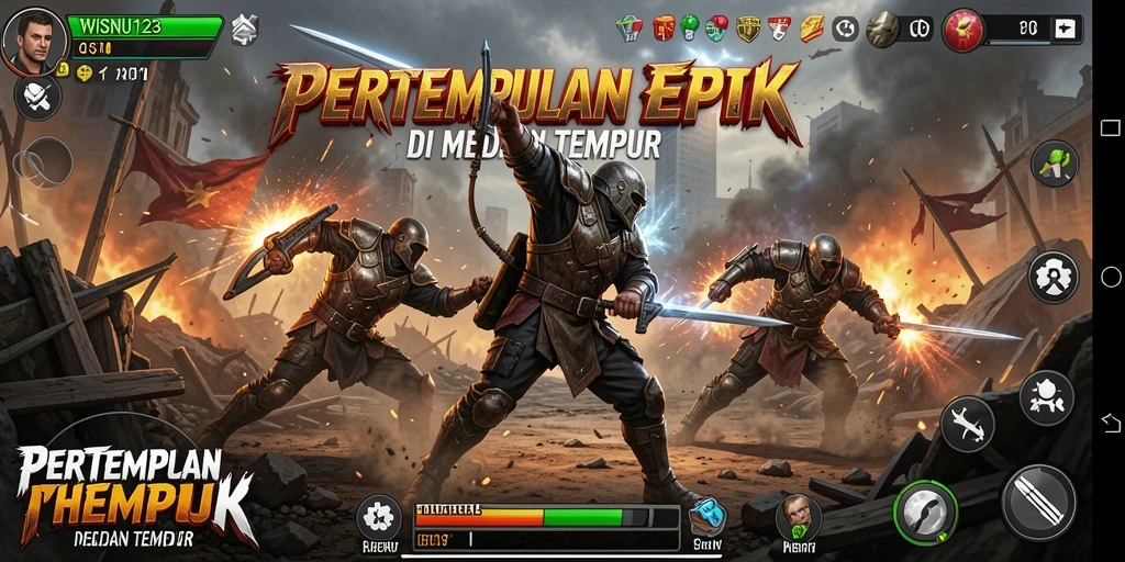 Tangkapan layar gameplay WISNU123 dengan aksi pertempuran seru.