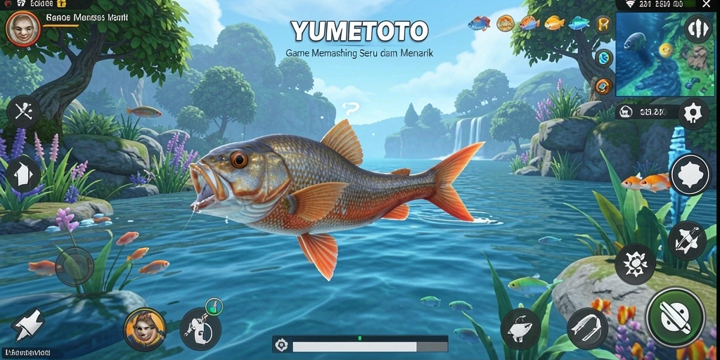 Tampilan gameplay YUMETOTO saat menangkap ikan yang seru.
